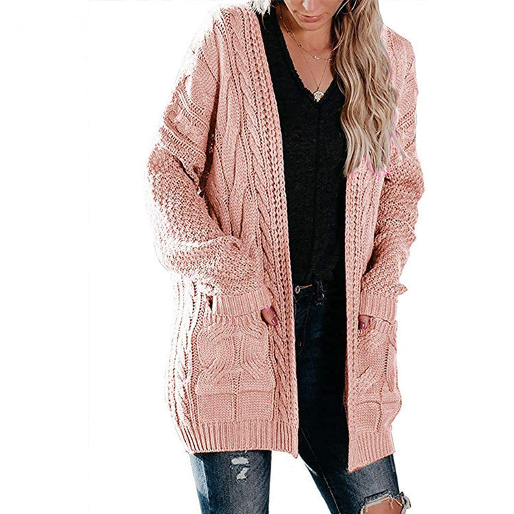 Damen Grobstrick Cardigan mit modernem Zopfmuster und großen Taschen Fudus