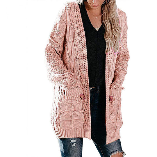 Damen Grobstrick Cardigan mit modernem Zopfmuster und großen Taschen Fudus