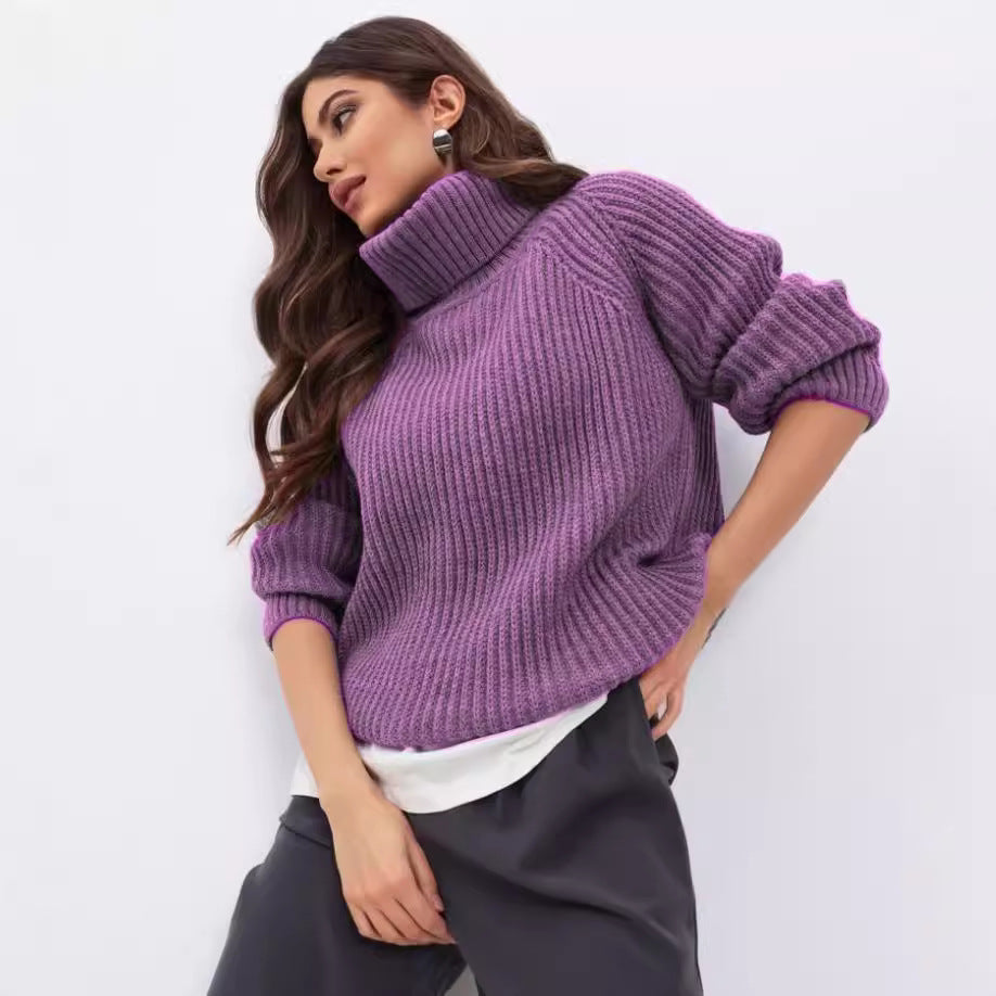 Damen Grobstrickpullover mit hohem Kragen und lockerer Passform Fudus