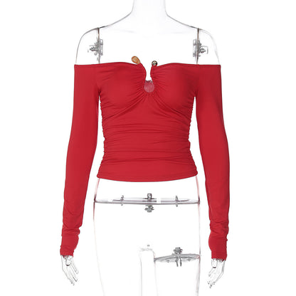 Damen Modische Off Shoulder Bluse Mit Tiefem Ausschnitt Und Rüschen