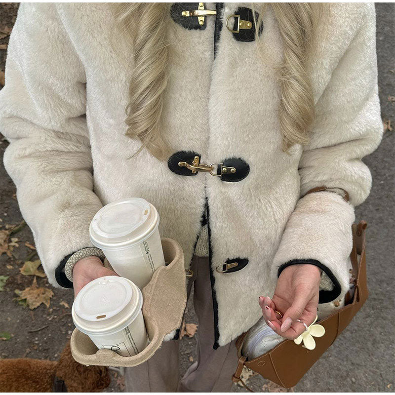 Damen kuschelige Teddy-Jacke mit hochwertiger Lederverarbeitung Fudus