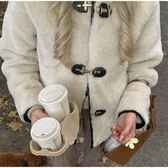 Damen kuschelige Teddy-Jacke mit hochwertiger Lederverarbeitung Fudus