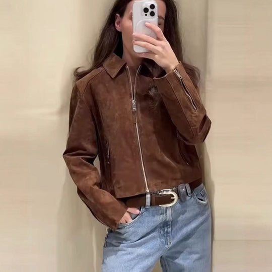 Damen Kunstlederjacke im modernen Schnitt mit praktischen Reißverschlusstaschen Fudus