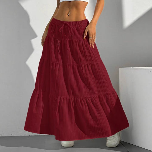 Damen Langer gestufter Rock mit elastischem Bund und Raffungen Fudus