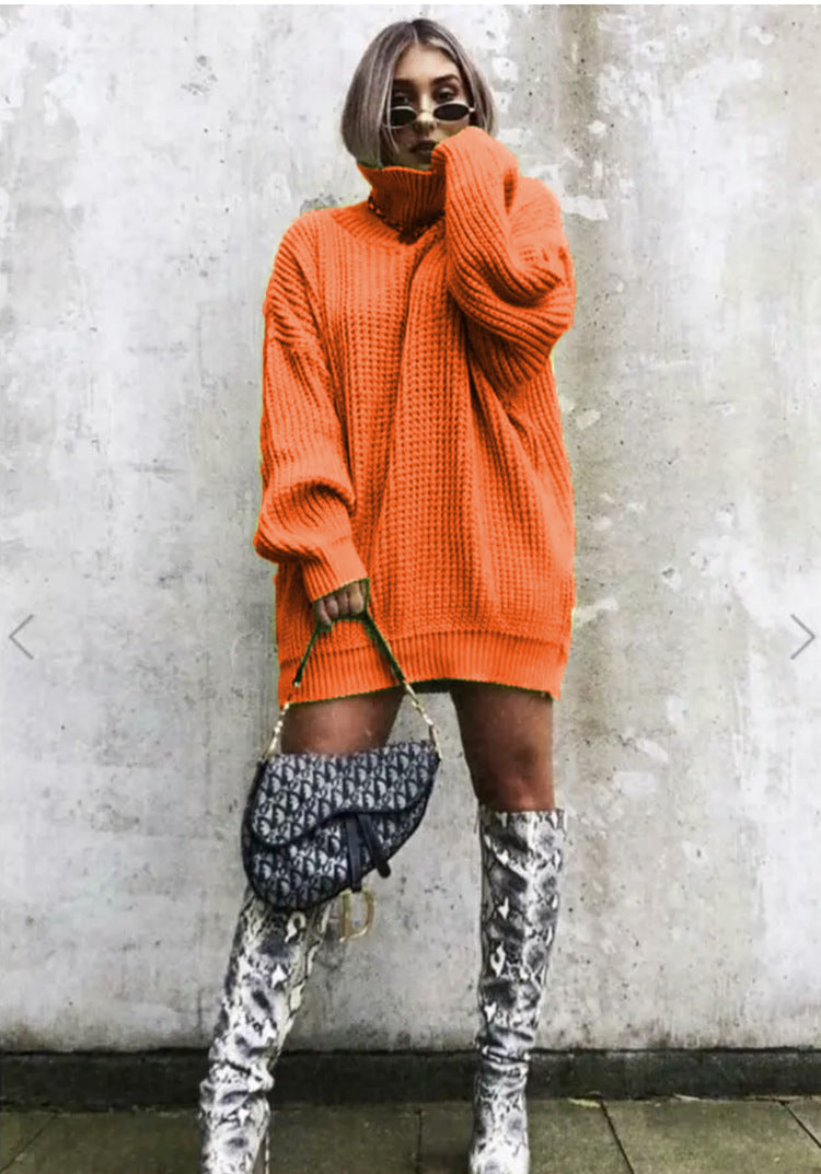 Damen Grobstrickpullover mit hohem Kragen und lockerem Schnitt Fudus