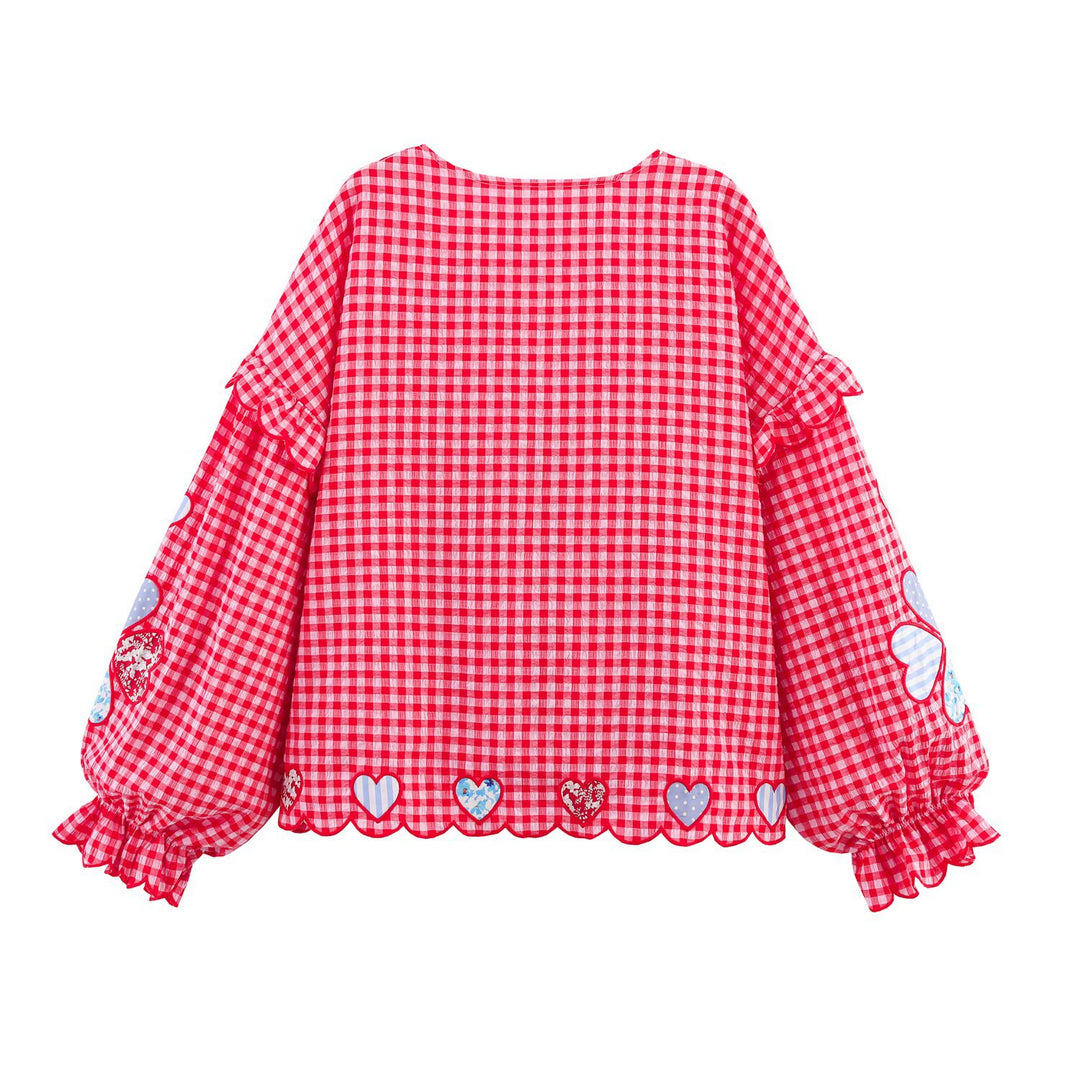 Damen lässige Bluse mit Rüschendetails und verspieltem Karomuster Fudus