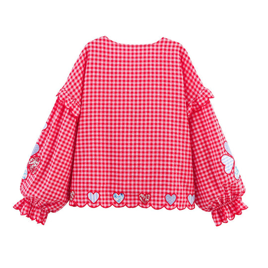 Damen lässige Bluse mit Rüschendetails und verspieltem Karomuster Fudus