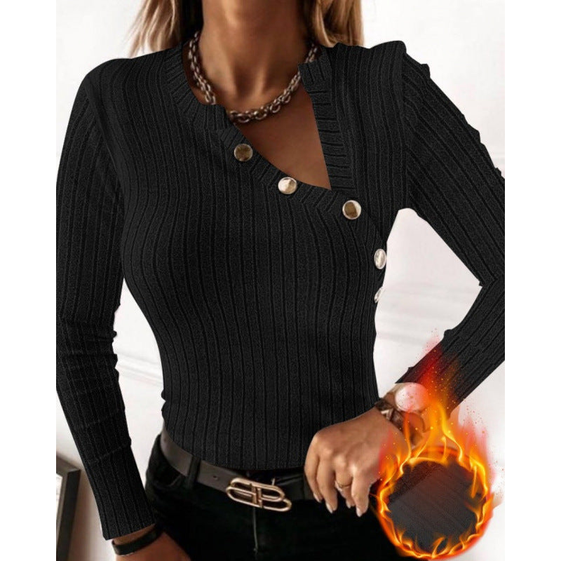 Damen Langarmshirt mit modischem Knopfdetail und Rippstruktur Fudus