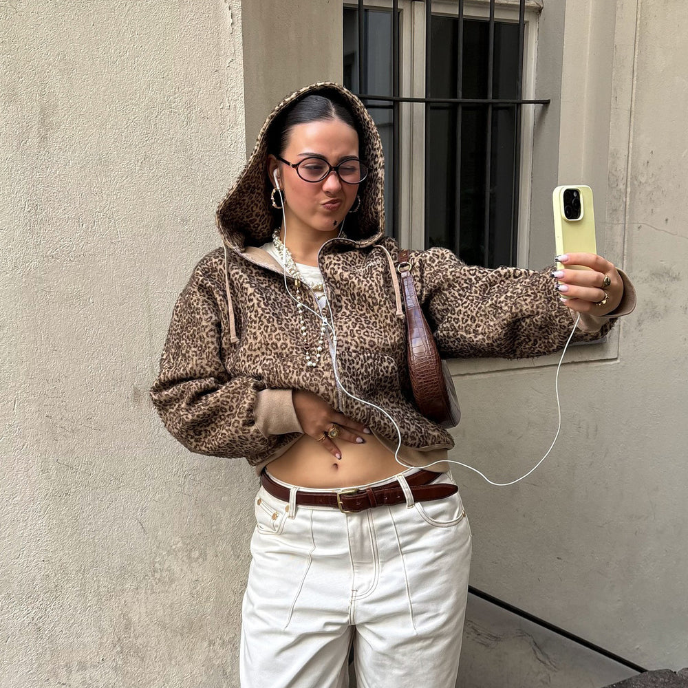 Damen kuschelige Kapuzenjacke mit tierischem Muster Fudus