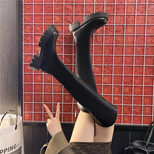 Damen hohe Stiefel mit robustem Absatz und seitlichem Reißverschluss Fudus