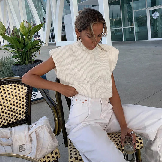 Weste Pullover Ärmellos Rollkragen Schulterpolster