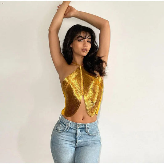 Crop Top Neckholder Überkreuzt Metallic