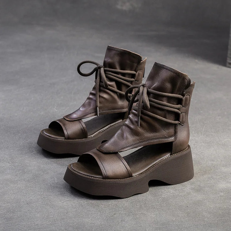 Damen Sandalen Mit Wedges Offener Zehenpartie Aus Leder