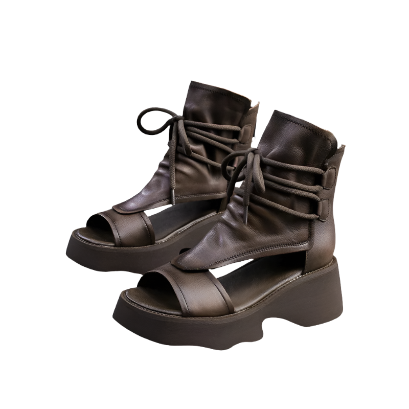 Damen Sandalen Mit Wedges Offener Zehenpartie Aus Leder