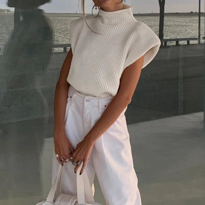 Weste Pullover Ärmellos Rollkragen Schulterpolster