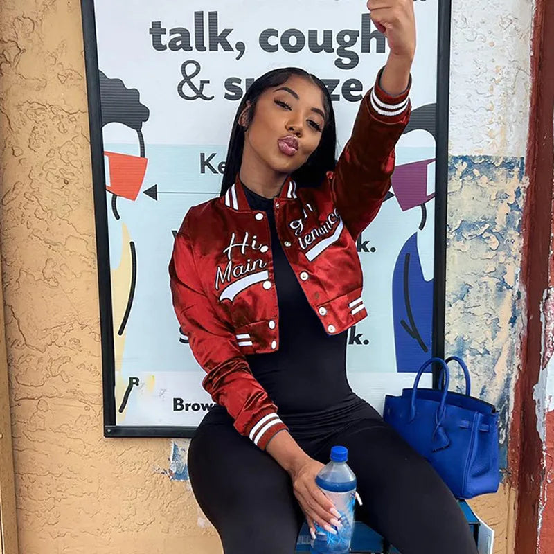 Damen Bestickte Kurz Baseballjacke