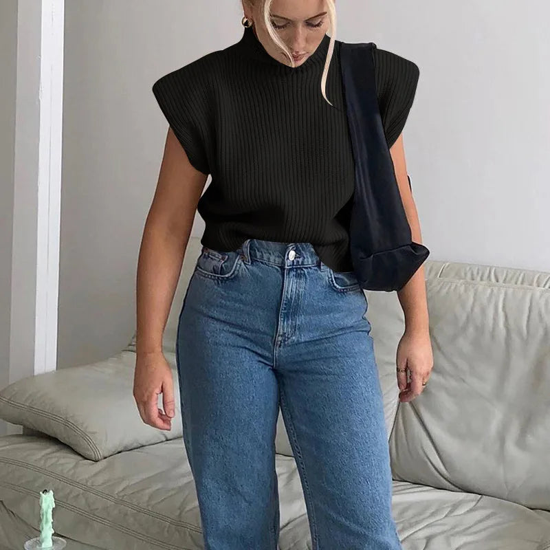 Weste Pullover Ärmellos Rollkragen Schulterpolster