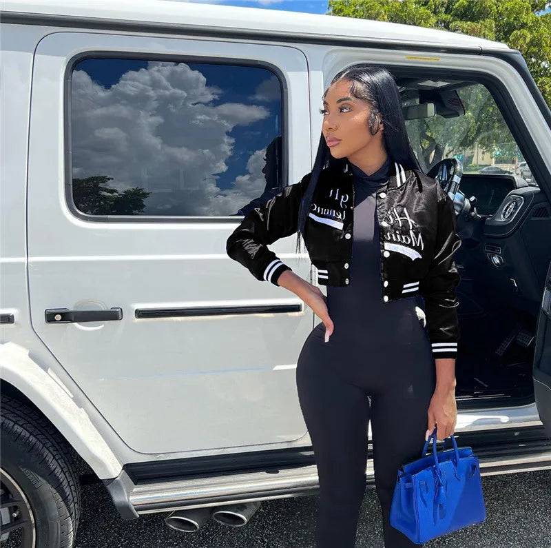 Damen Bestickte Kurz Baseballjacke