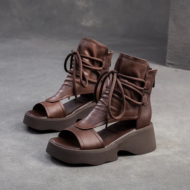 Damen Sandalen Mit Wedges Offener Zehenpartie Aus Leder