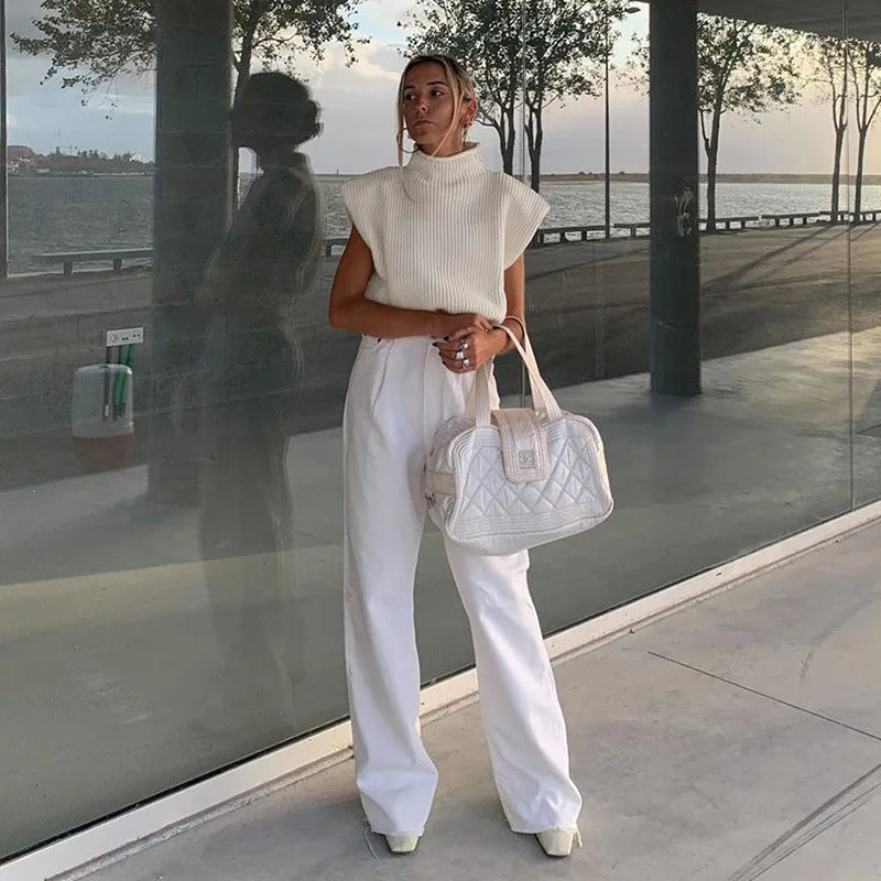 Weste Pullover Ärmellos Rollkragen Schulterpolster