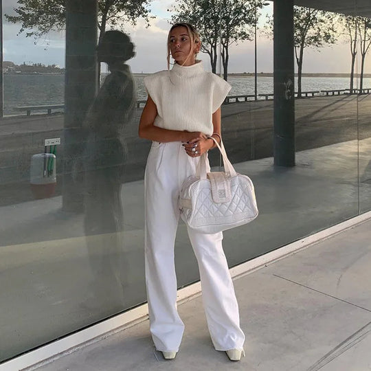 Weste Pullover Ärmellos Rollkragen Schulterpolster