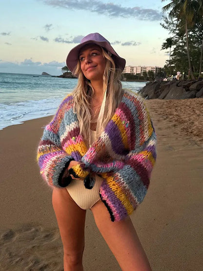 Gestreifter Strickcardigan Damen Regenbogenfarben