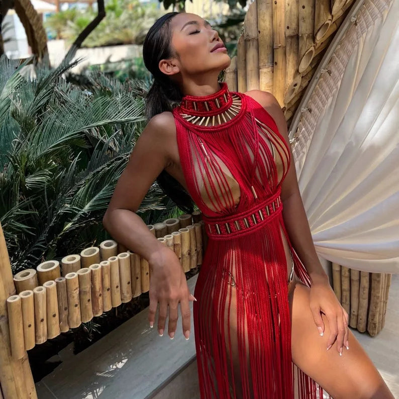 Damen Bohemian Häkel Strick Strandüberwurf