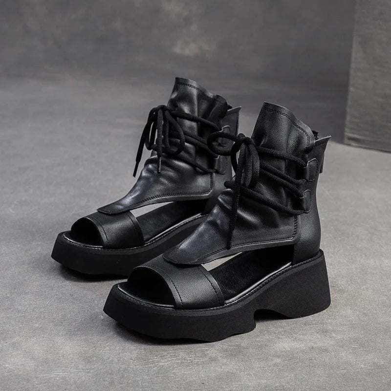 Damen Sandalen Mit Wedges Offener Zehenpartie Aus Leder