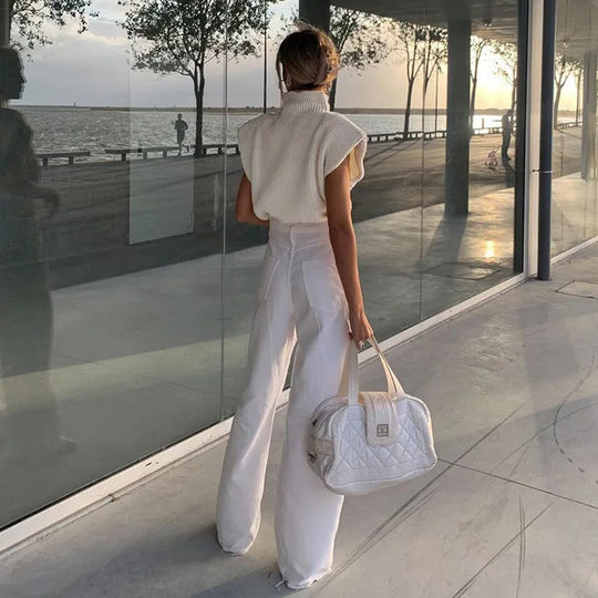 Weste Pullover Ärmellos Rollkragen Schulterpolster