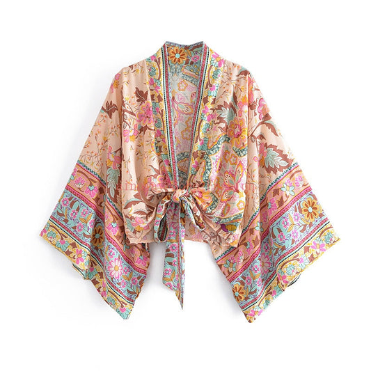 Damen Boho Blumen Print Kurzer Kimono