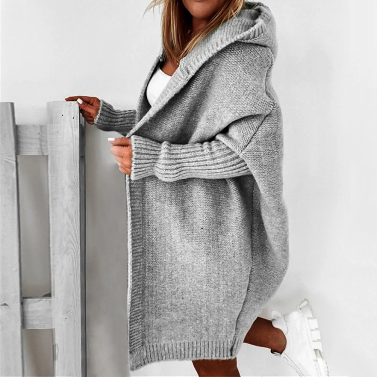 Damen oversized Strickmantel mit Kapuze