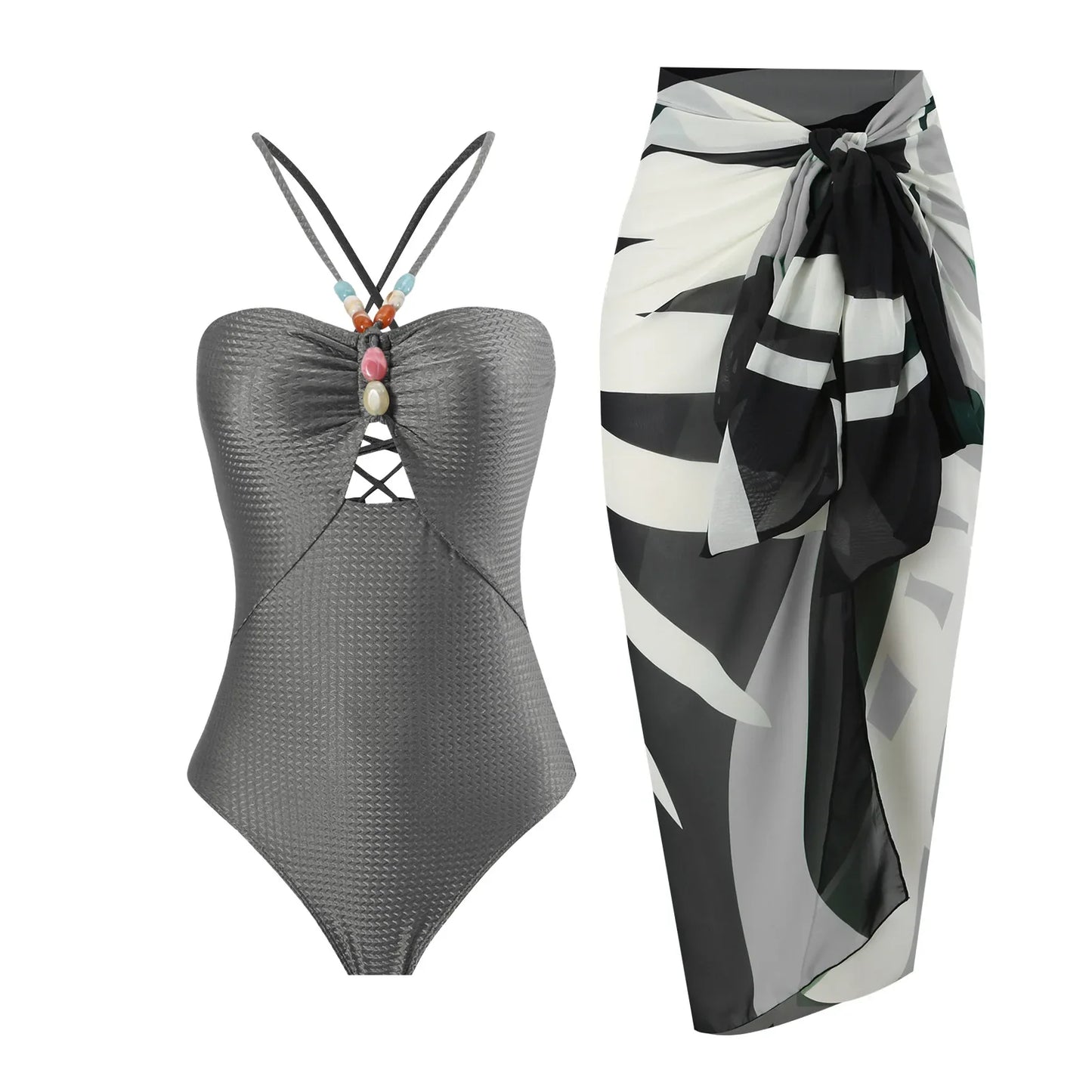 Fudus-Bikini – Push-up, Retro-Print, Überwurf – Sommer