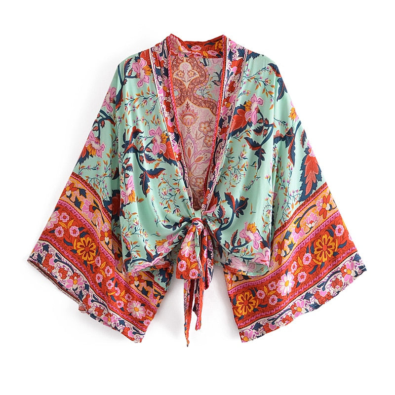 Damen Boho Blumen Print Kurzer Kimono