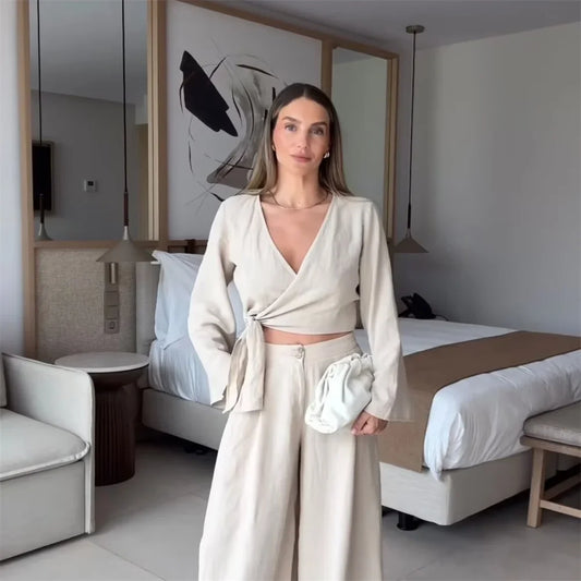 Damen Top Und Hosen Set Mit V Ausschnitt Und Weitem Bein