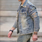 Herren Solid Ripped Slim Denim Jacke Lässig Langarm Retro