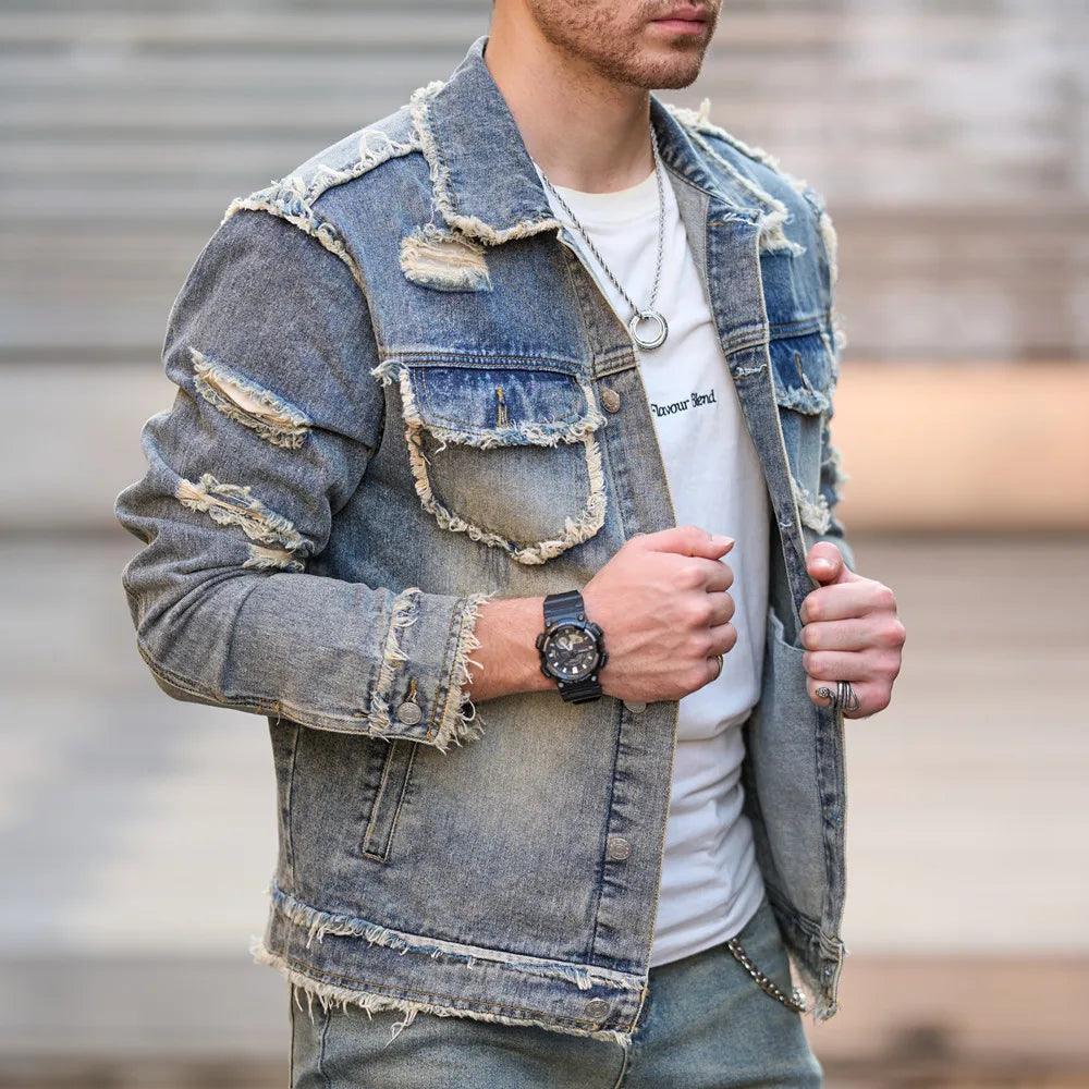 Herren Solid Ripped Slim Denim Jacke Lässig Langarm Retro