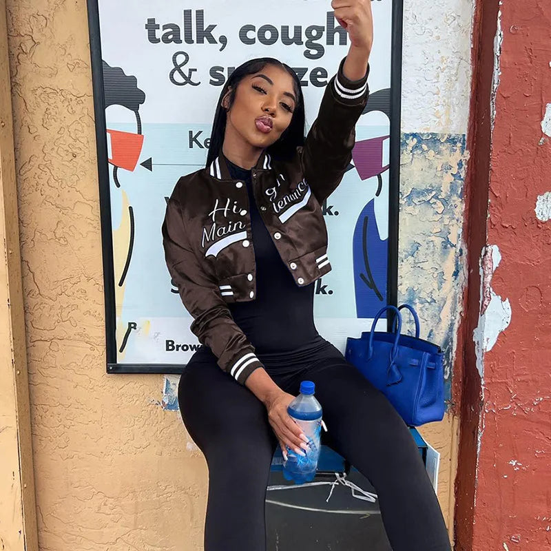 Damen Bestickte Kurz Baseballjacke