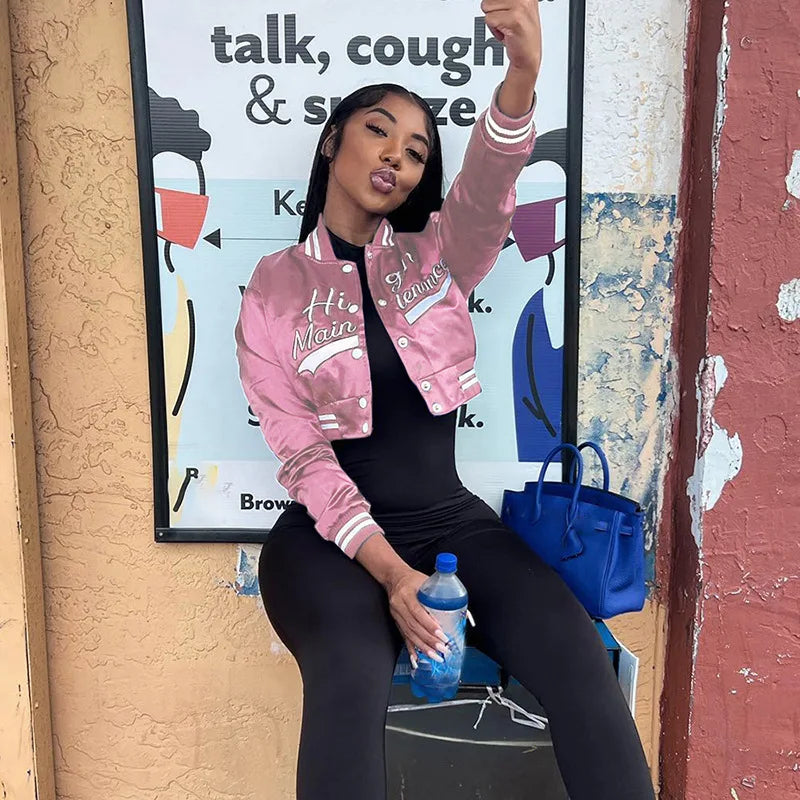 Damen Bestickte Kurz Baseballjacke