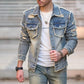 Herren Solid Ripped Slim Denim Jacke Lässig Langarm Retro