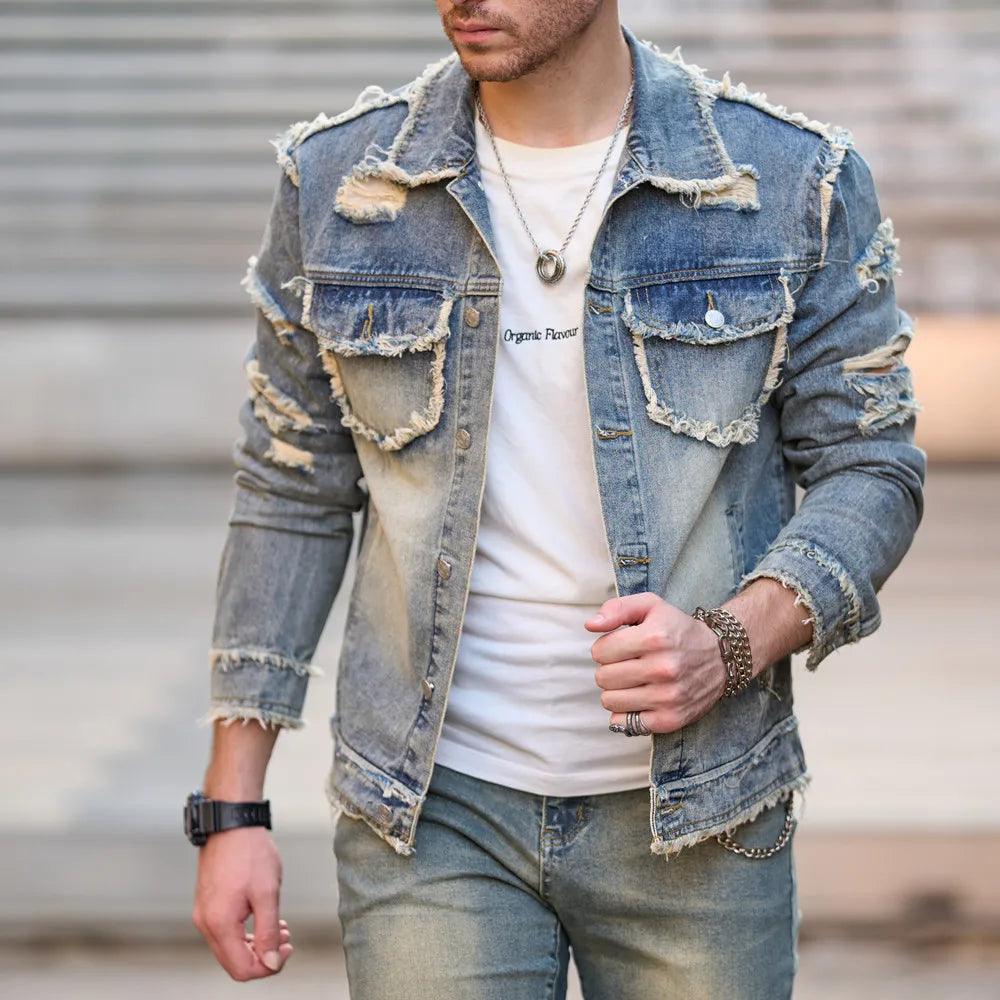 Herren Solid Ripped Slim Denim Jacke Lässig Langarm Retro