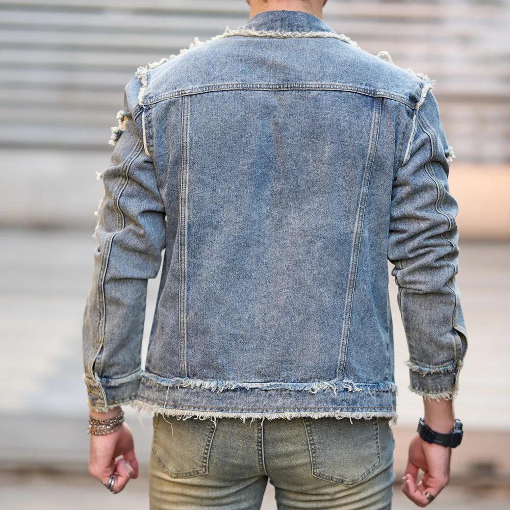 Herren Solid Ripped Slim Denim Jacke Lässig Langarm Retro