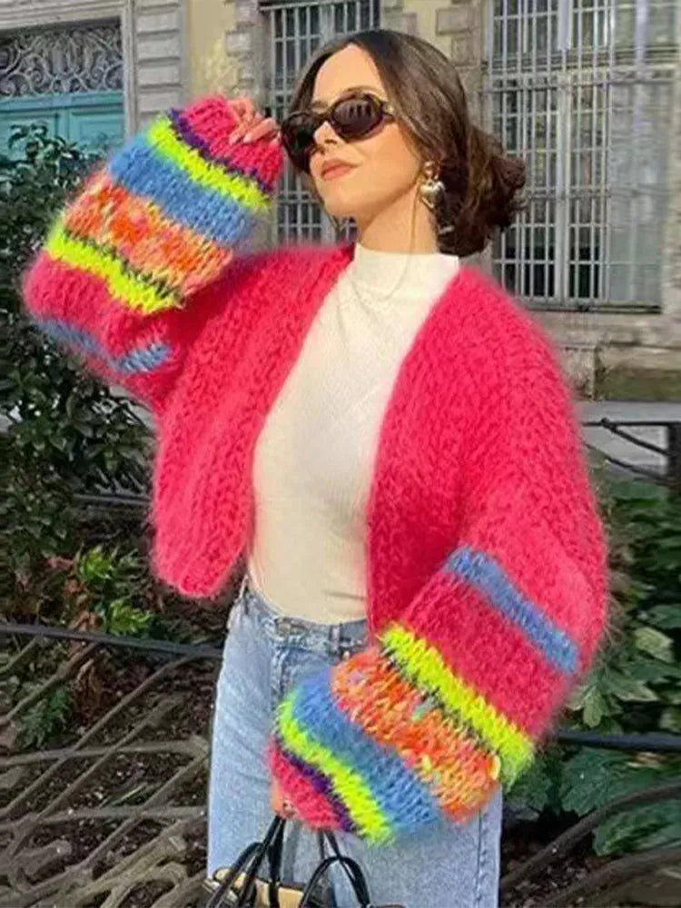Gestreifter Strickcardigan Damen Regenbogenfarben