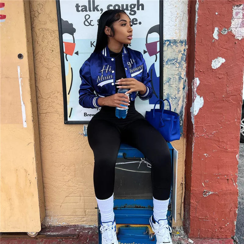 Damen Bestickte Kurz Baseballjacke