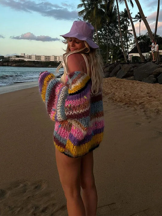 Gestreifter Strickcardigan Damen Regenbogenfarben