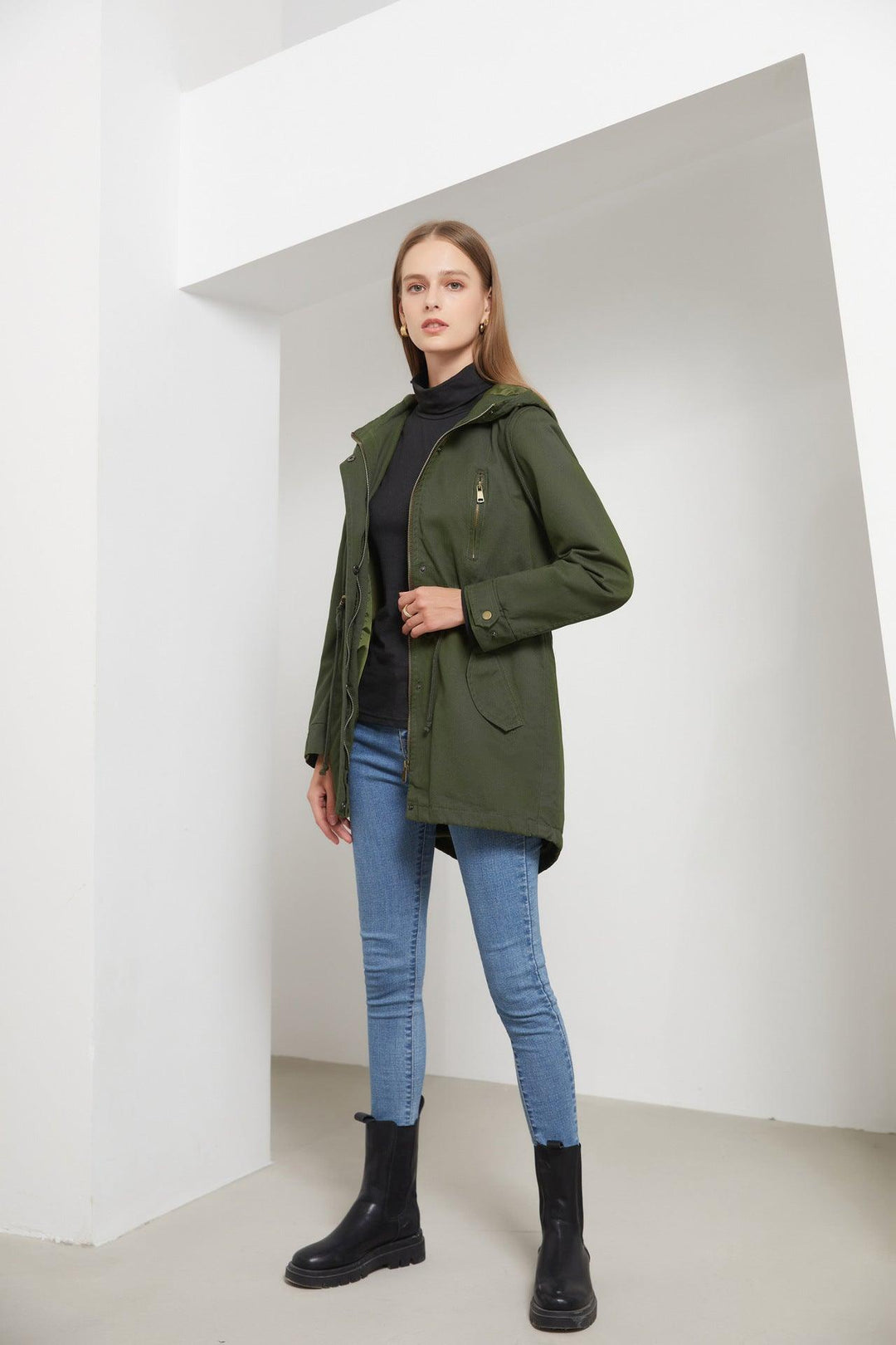 Damen Baumwoll Kapuzen Trenchcoat