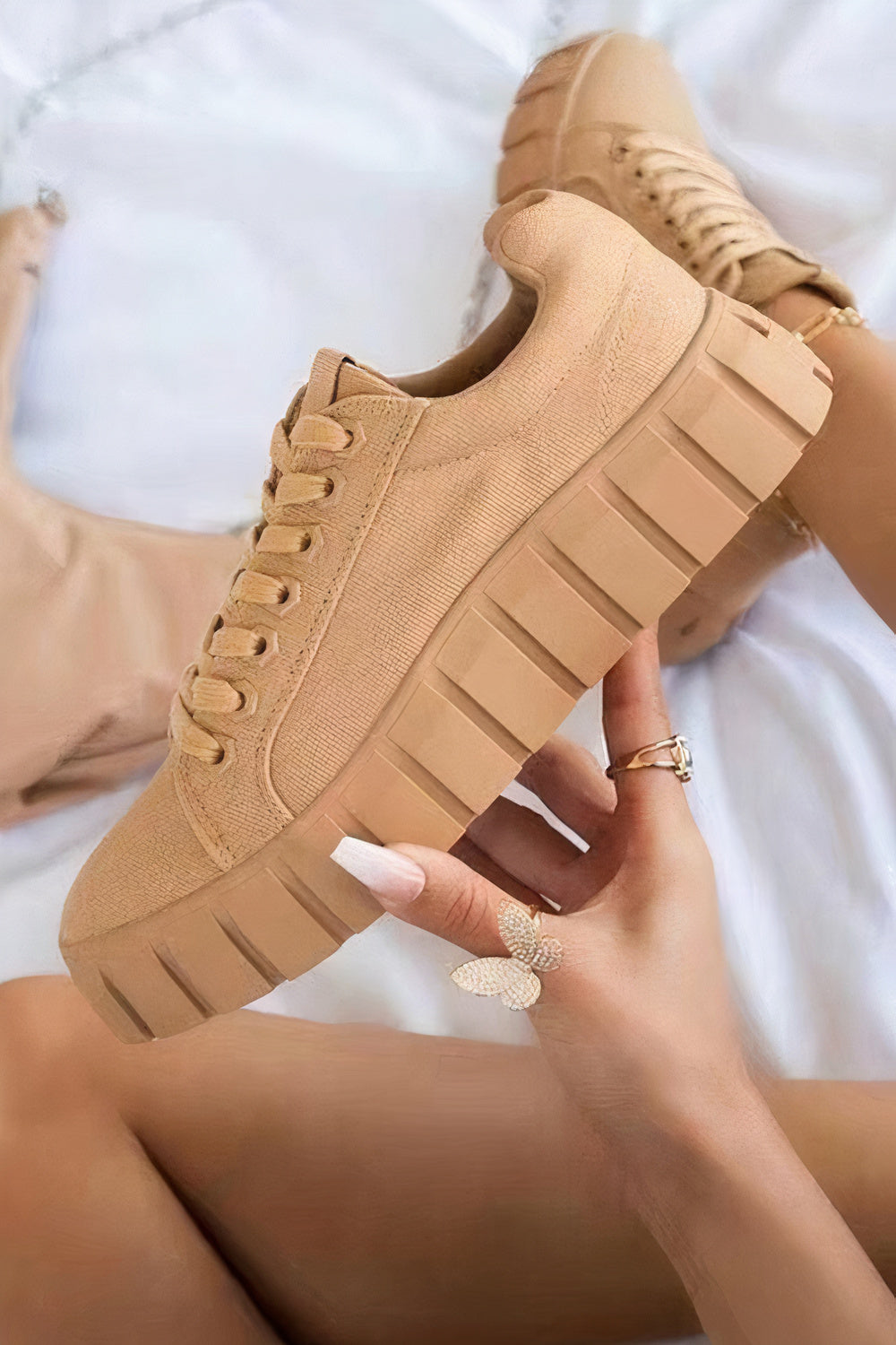 Fudus Damen Chunky Flache Sneakers - Canvas Plateau Freizeitschuhe