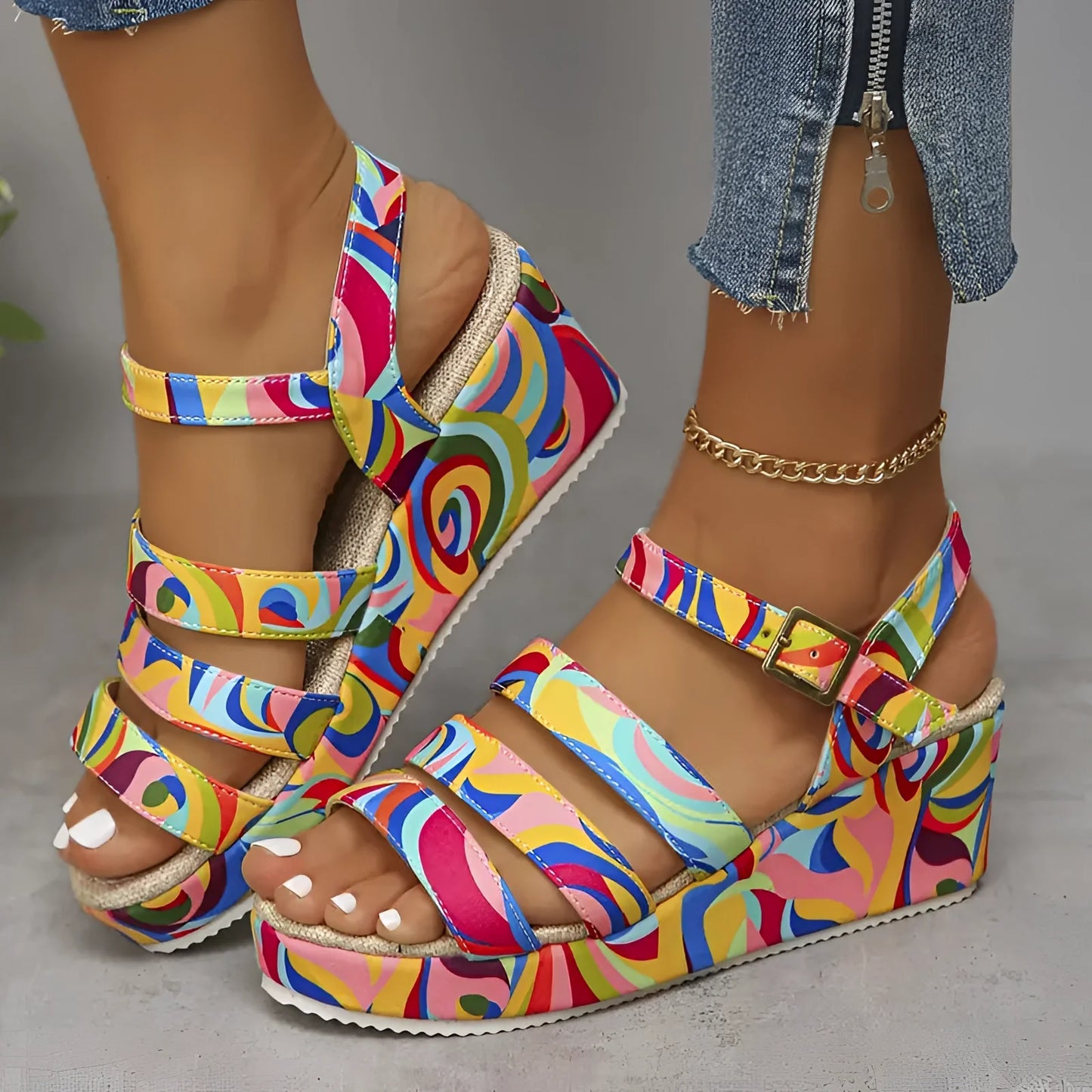 Damen psychedelische Plateau Sandalen mit Druck für Sommer Festivals