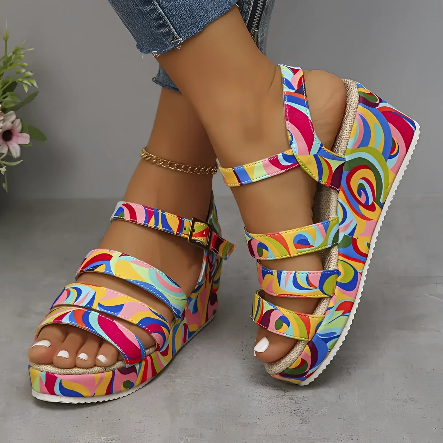 Damen psychedelische Plateau Sandalen mit Druck für Sommer Festivals
