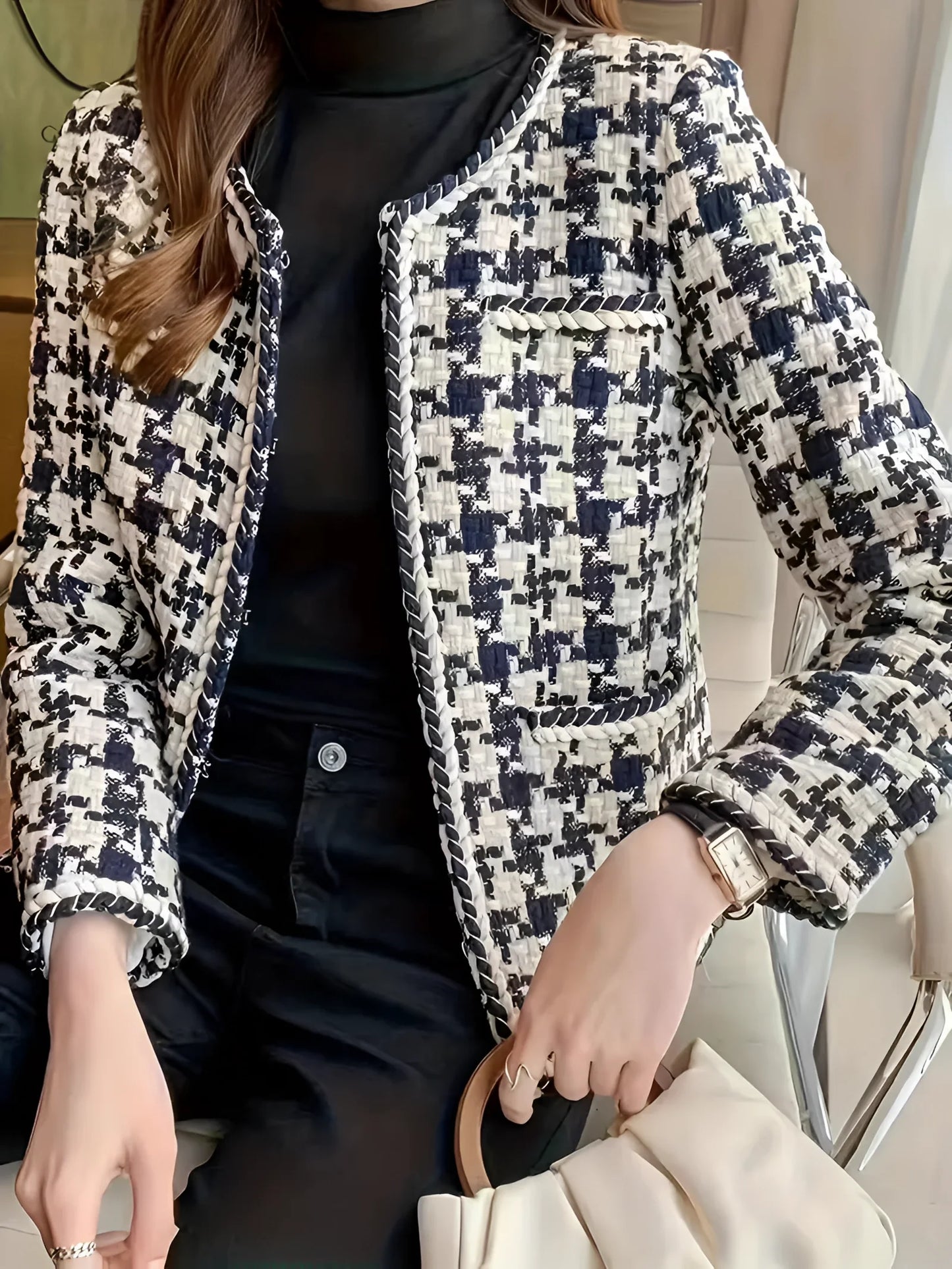 Fudus Tweed-Blazer mit Hahnentrittmuster für Damen – elegantes Büro-Outfit für den Herbst