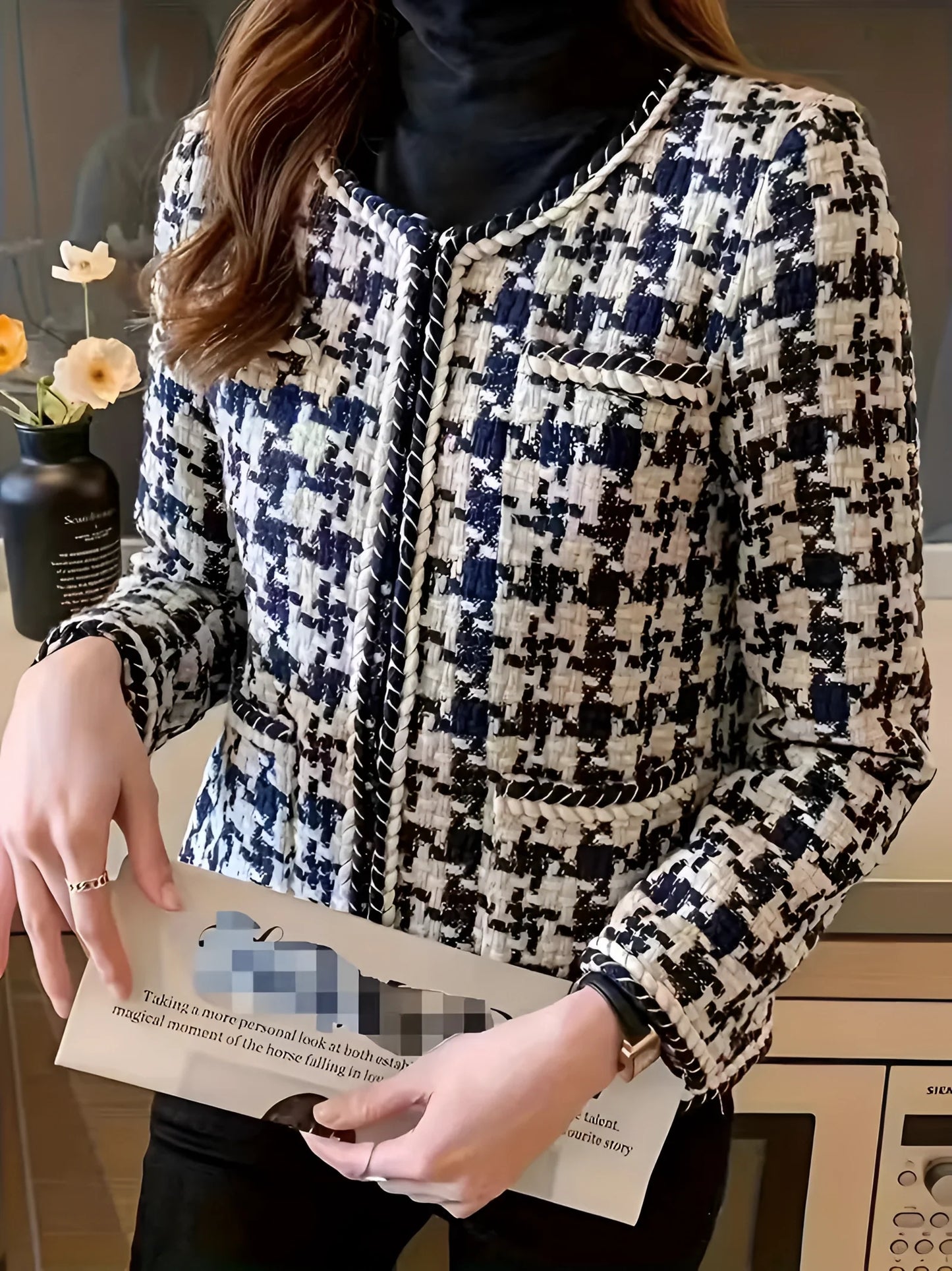 Fudus Tweed-Blazer mit Hahnentrittmuster für Damen – elegantes Büro-Outfit für den Herbst